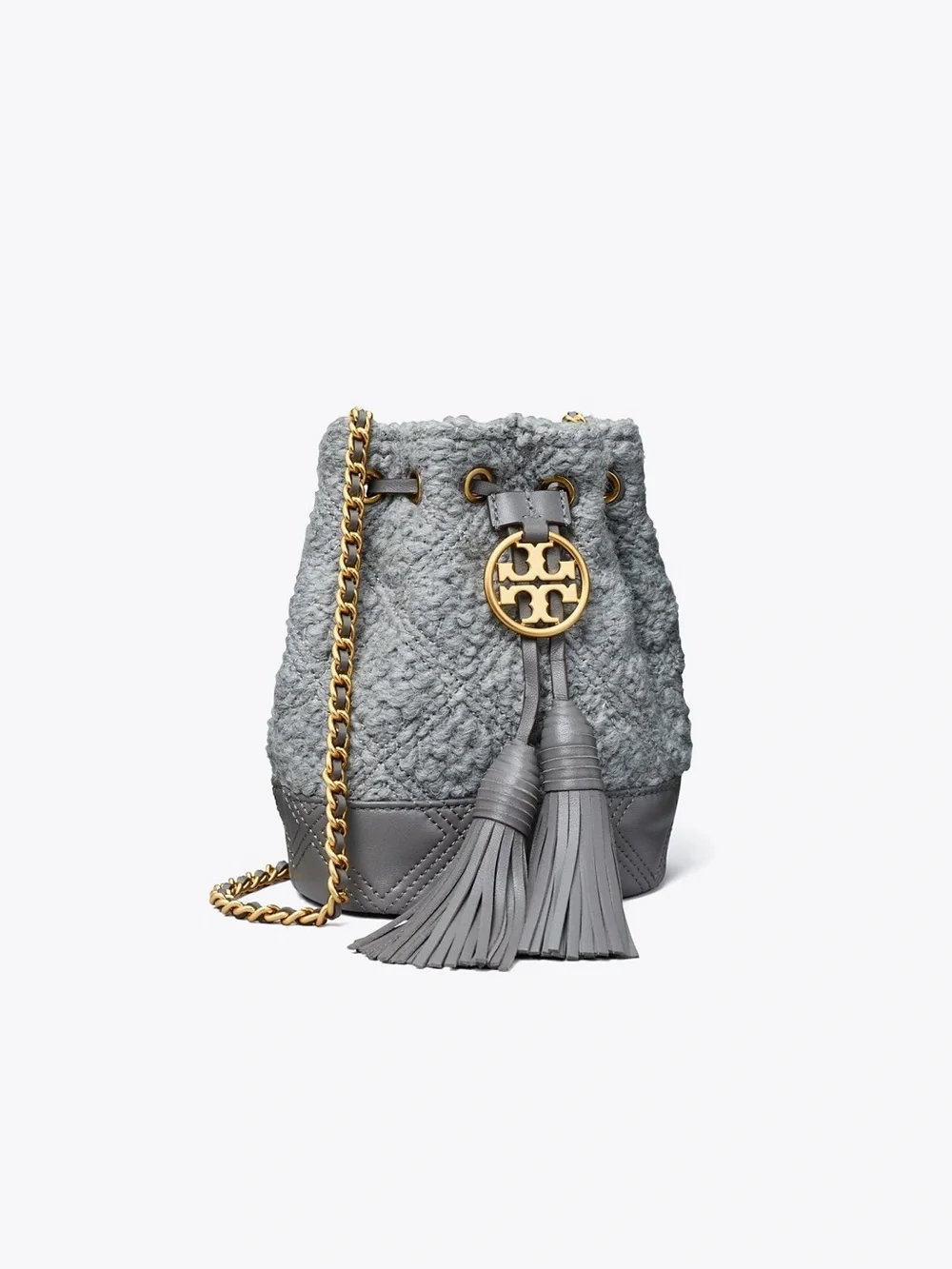 Tory Burch Fleming Soft Bouclé Mini Bucket Bag Carbon EUC